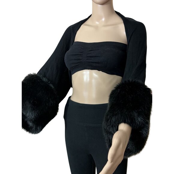 Cache Black Viscose Bolero Shrug with Oversized Faux Fur Cuffs - Picture 1 of 4
